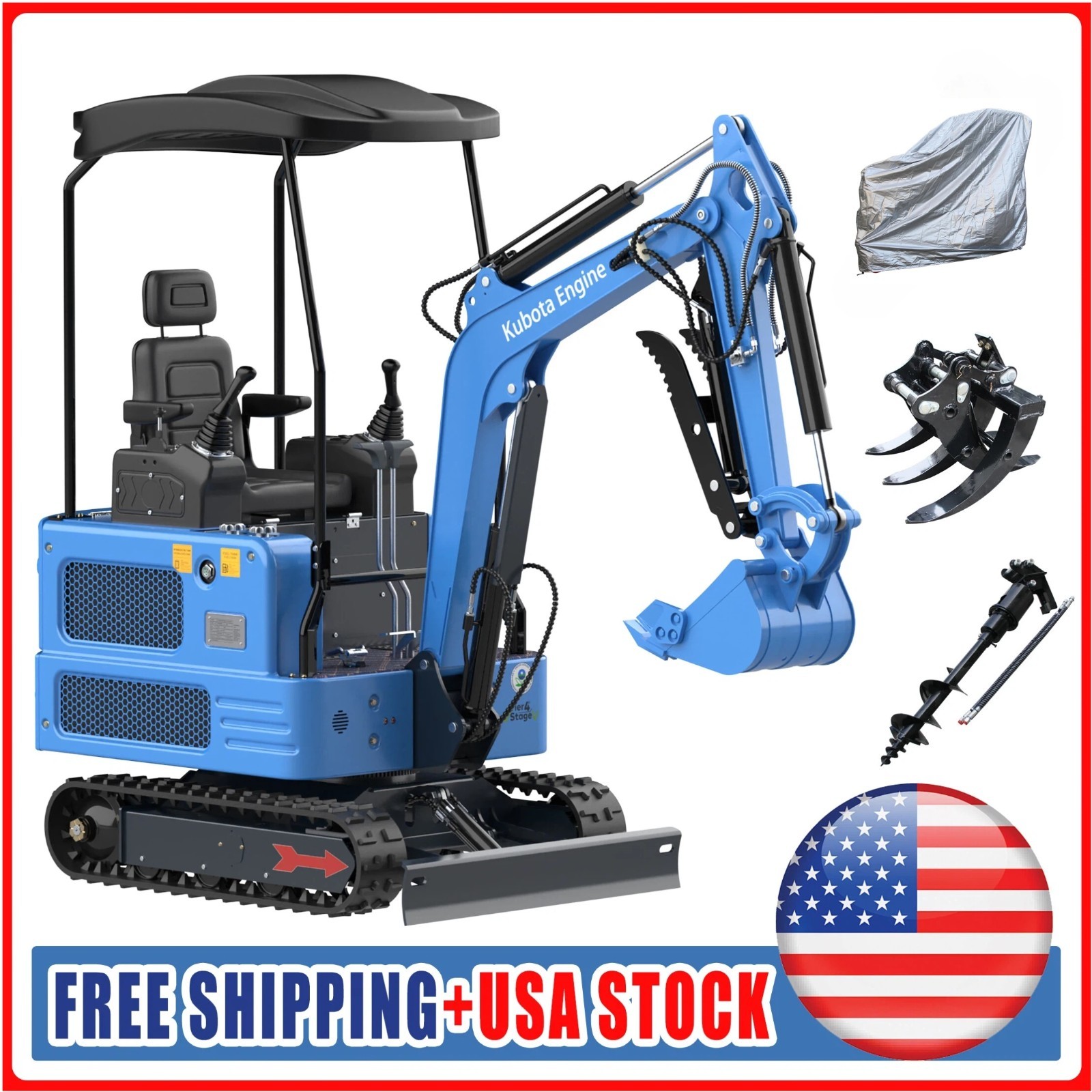FREE SHIPPING 2 Ton Mini Excavator Kubota D902 EPA with Auger, Grapple & Cover