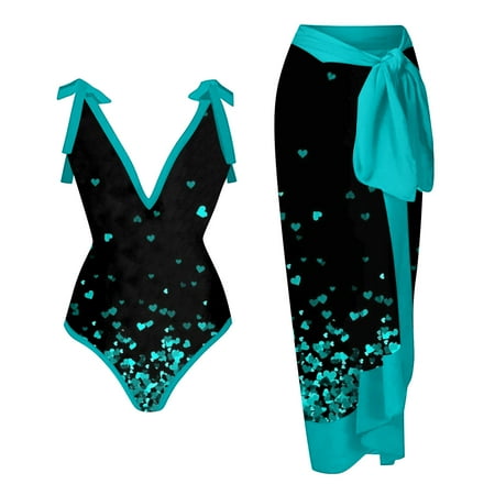 Swimsuit Set with Cover Up Skirt,Women’s 3 Pieces Swimsuit with Cover up Beach Skirt Sarongs and Two Piece Floral Printed Bikini Bra Set Bathing Suit