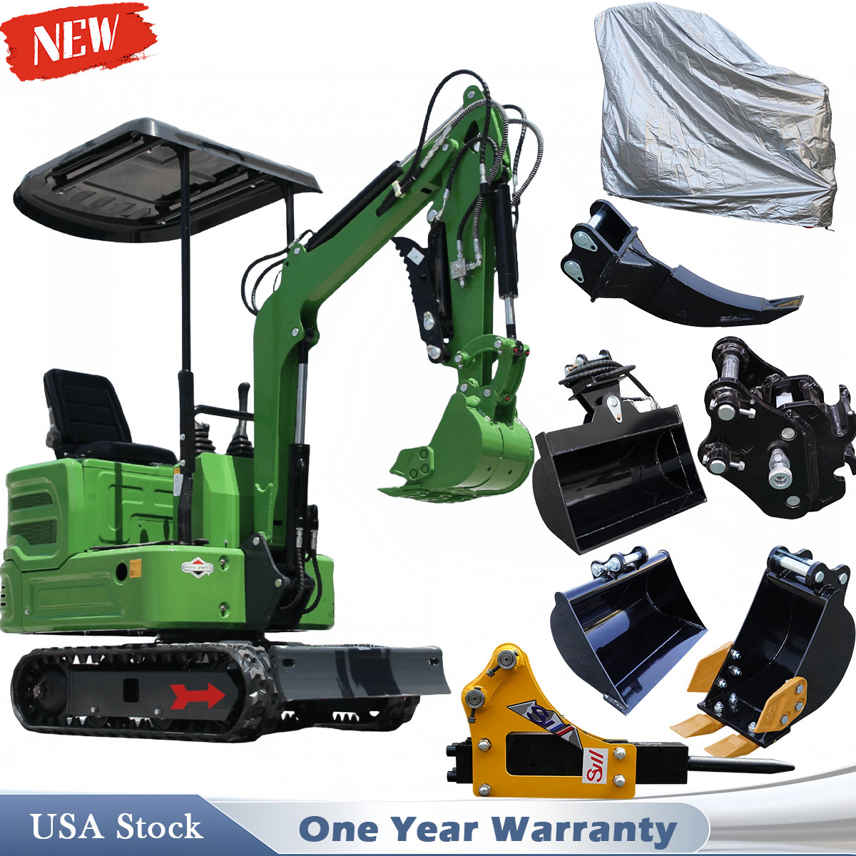 Mini Excavator B&S Engine + Seven Attachments Breaker Hammer Rake Bucket Diggers