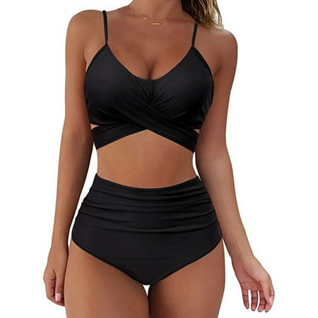 Rmogov Women High Waisted Solid Color Bikini Swimwear Polyester Black