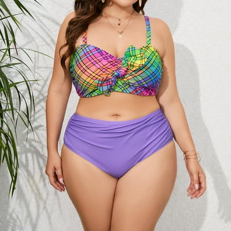 Cotonie Plus Size 2 Piece Bikini Set for Women Print Ruffles Push Up Bikini Briefs Swimwear for Ladies Purple XL