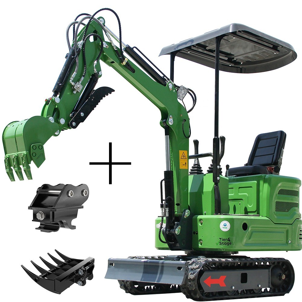 1 TON Mini Excavator+Quick Hitch+400mm RAKE + Hydraulic Thumb Clamp Attachment