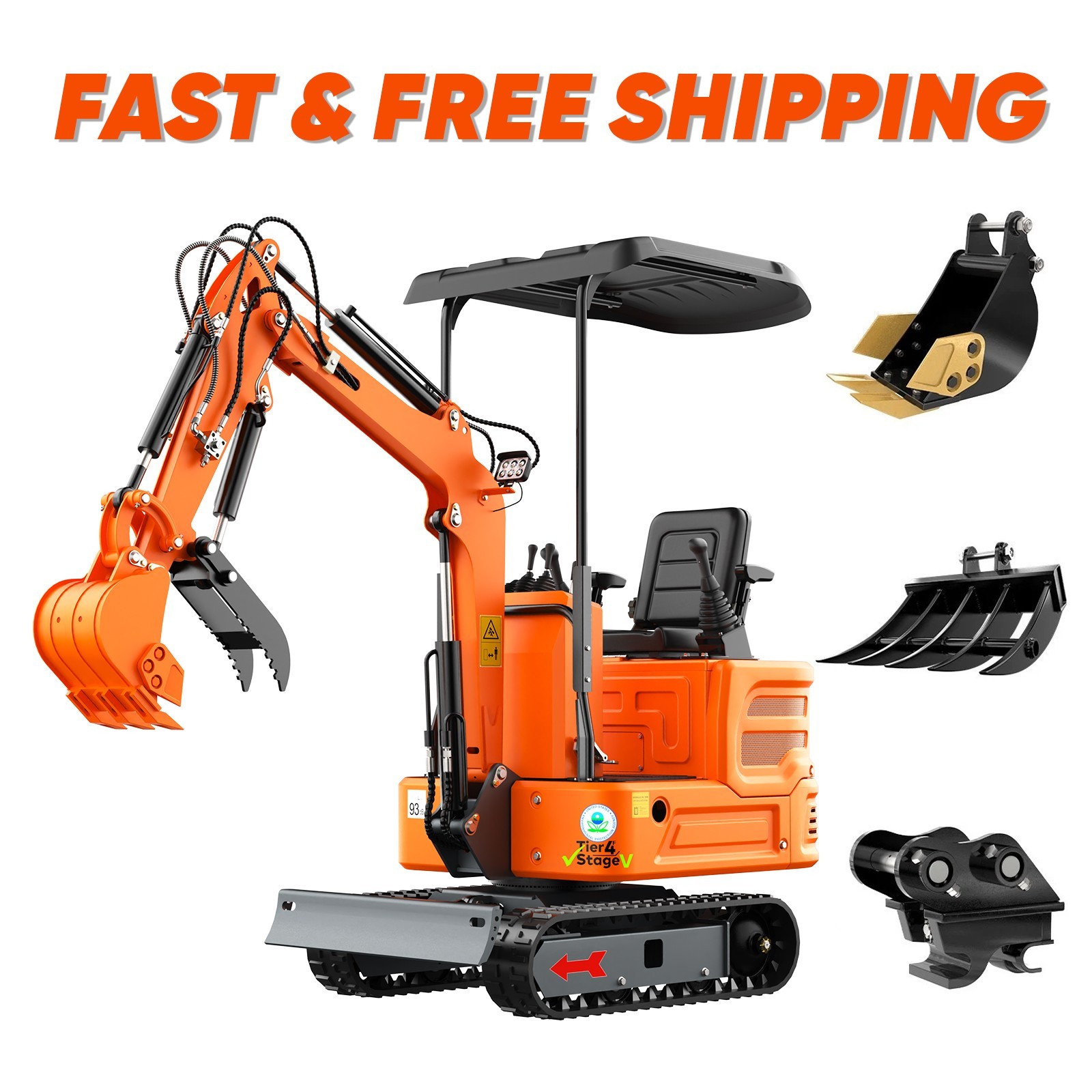 1 Ton Mini Excavator with Hydraulic Thumb, 13.5HP Briggs Engine, 3 Attachments