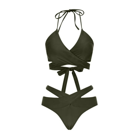 UTSJKR Women’s Fashion Halter Bikini Sets Two Piece Swimsuit Sexy Plus Size Solid Color Bathing Suits Summer Halter Swimwear Army Green M