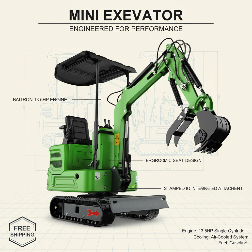 1 Ton Mini Excavator-New Pilot Control-13.5HP B＆S Gas Engine-Tracked，For Garden