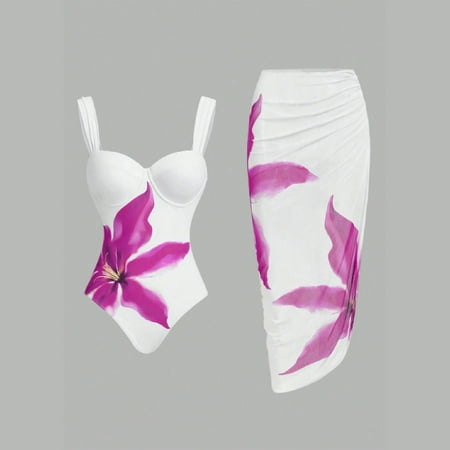 pstuiky Winen One Piece Swimsuit Witn Cover up, Women Flower Print Bikini Swimsuit Two Piece High Waist Tight Fit Sporty Beachwear for Women Stylish Comfortable Summer Swimwear Hot Pink M