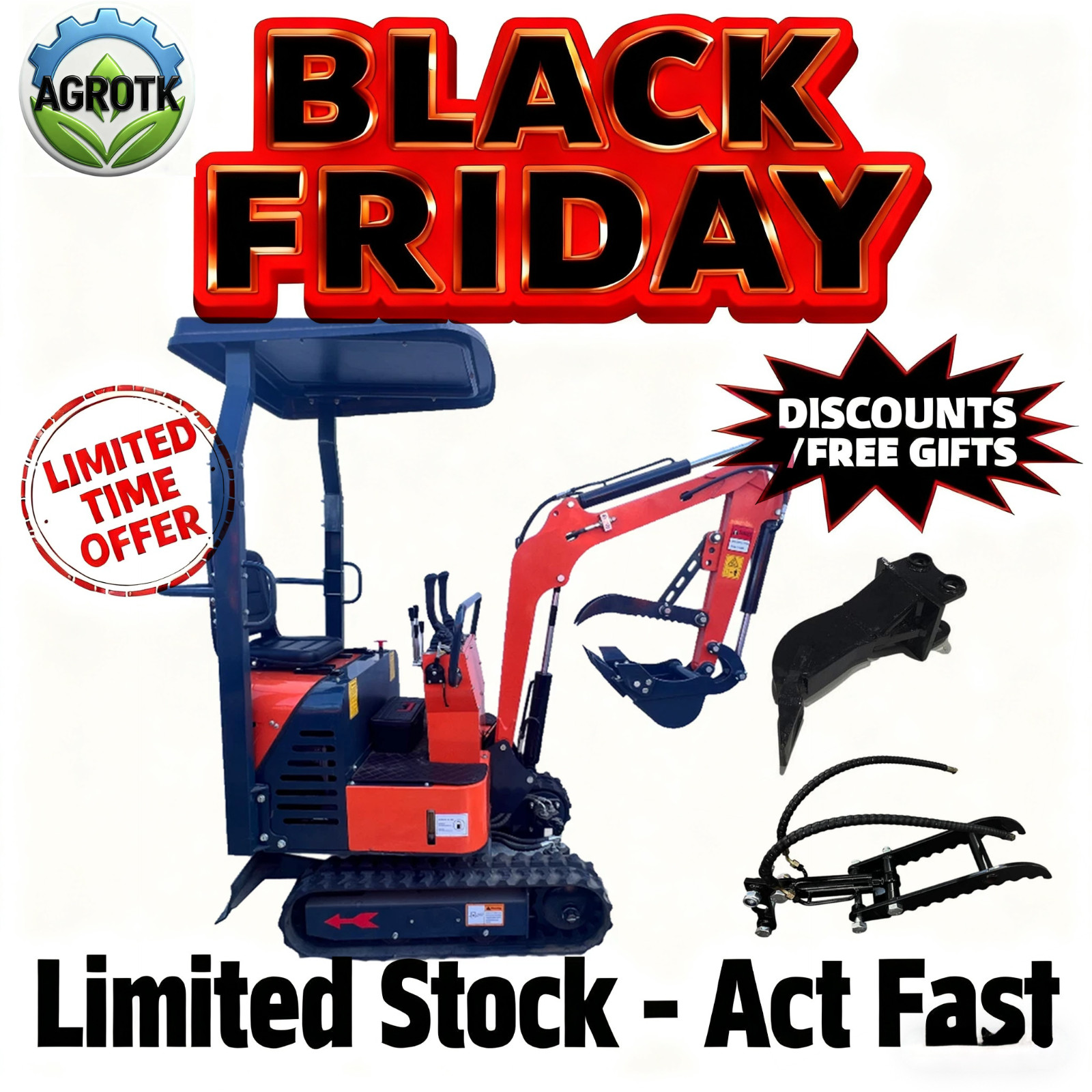 AGT 13.5 HP Mini Excavator 1 Ton Digger Tracked Crawler B&S EPA Gas Engine L12