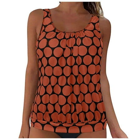 Sopiago Womens Tankini Tops Only Built-in Bra Bathing Suit Tops Casual Loose Polka Print Blouson Plus Size Swimsuits Tops Orange,XL