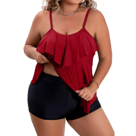 Rivelino Tankini Swimsuits for Women Plus Size Two Piece Tummy Control Bathing Suits Ruffle Flounce Swimwear with Shorts