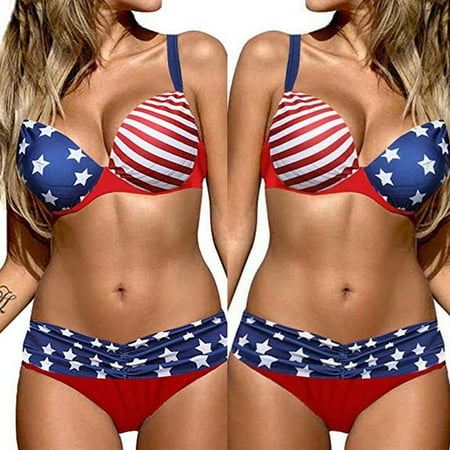 FAFWYP Womens American Flag Print Plus Size Swimsuit Two Piece 4th of July Bathing Suit Patriotic Spit Bikini Set for Independence Day