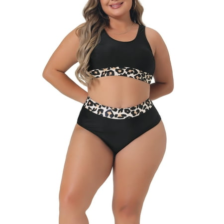 Agnes Orinda Women’’Plus Size Two Piece Swimsuits for High Waisted Leopard Bikini Set Sporty Bathing Suits
