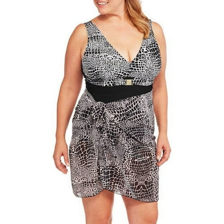 Women’s Plus-Size Animal Print One-Piece Swimsuit with Matching Sarong