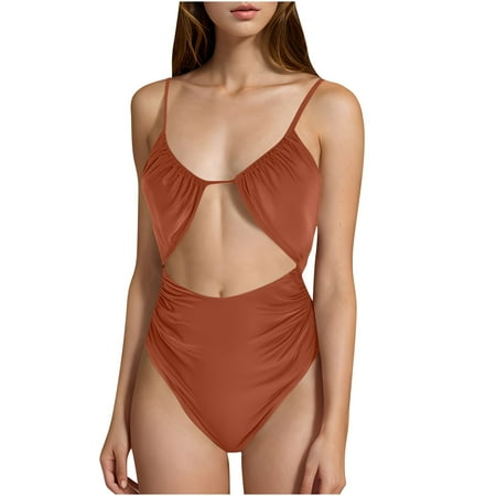 One Piece Swimsuit Women Tummy Control Women Two Bikini Set Padded Push Up Swimwear Swimsuit Brown,M