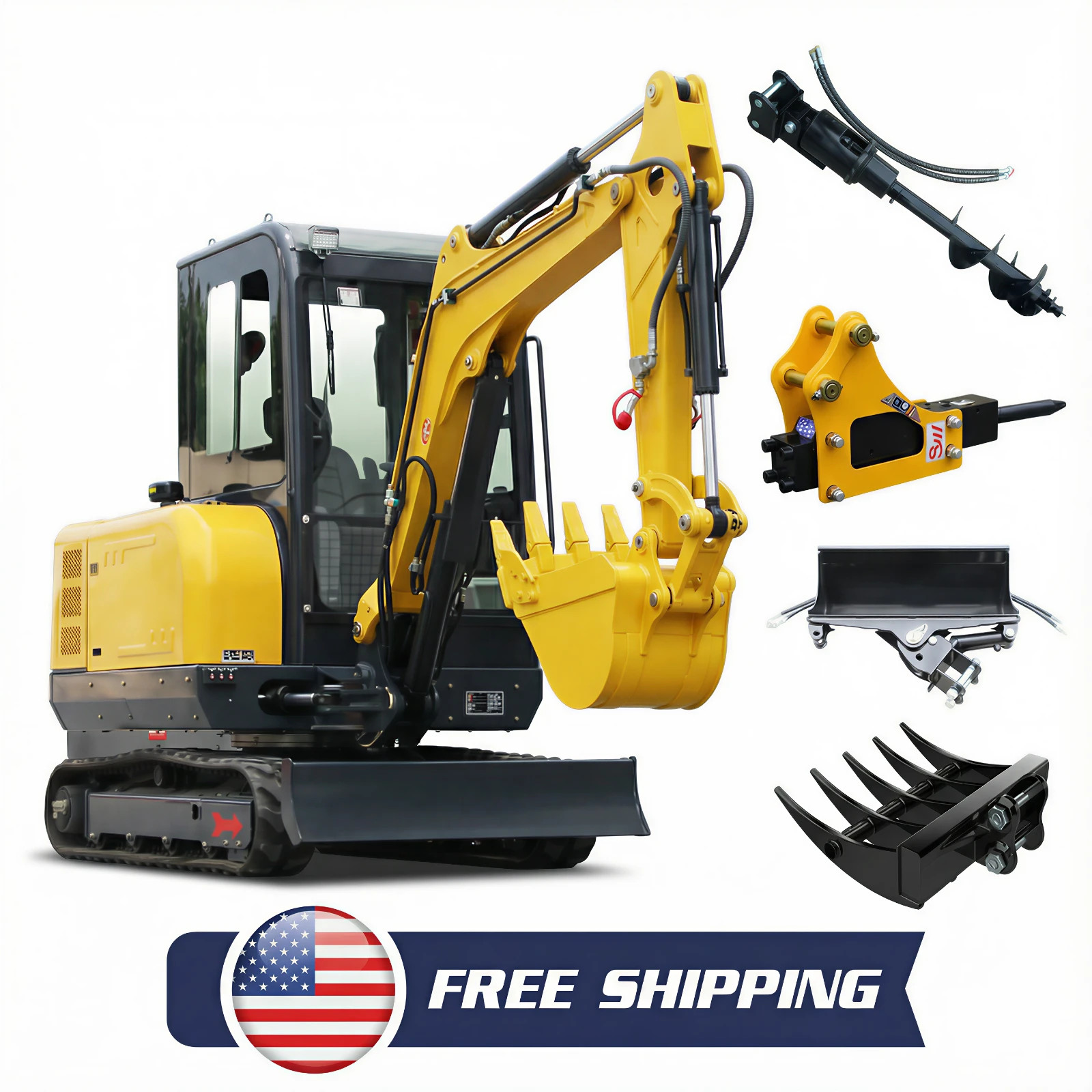 Mini Excavator Kubota Engine 25HP 3.5 ton Digger ，Engine V1505,cab，Free shipping