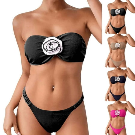 UTSJKR Women’s 2 Piece Bikini Sets 3D Floral Appliques Colorblock Sleeveless Strapless High Cut Bandeau Swimsuits Black M