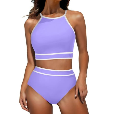 TrendVibe365 Women’s Swimwear Bikinis Purple Two Piece Swimsuits High Waisted Thong Bathing Suits Solid Swimwear Beachwear S