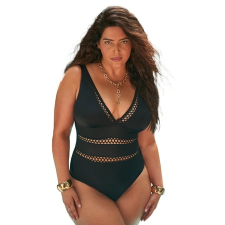 Swimsuits For All Women’s Plus Size Tummy Control V Neck Lattice Plunge One Piece Swimsuit with Adjustable Straps
