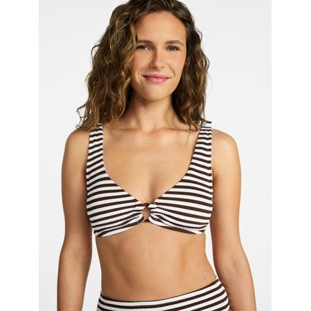 Time and Tru Women’s and Women’s Plus Size Crinkle Plunge Ring Front Bikini Top, Sizes XS-3X