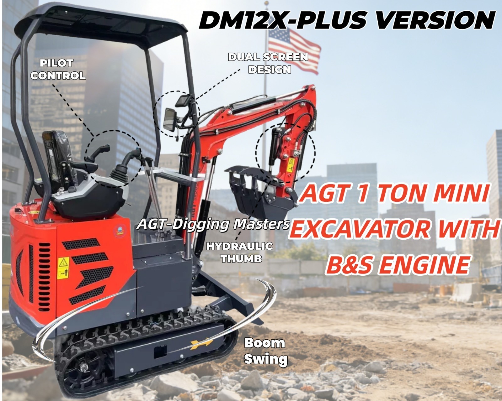 AGT DM12X-PLUS B&S Mini Excavator Pilot Control Two Screens Fuel Injected Engine