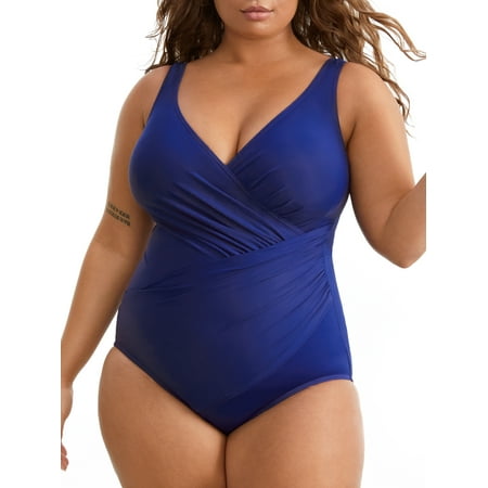 Miraclesuit Women’s Plus Size Swimwear Must Haves Oceanus V-Neck Soft Cup One Piece Swimsuit, Azul Blue, 16W