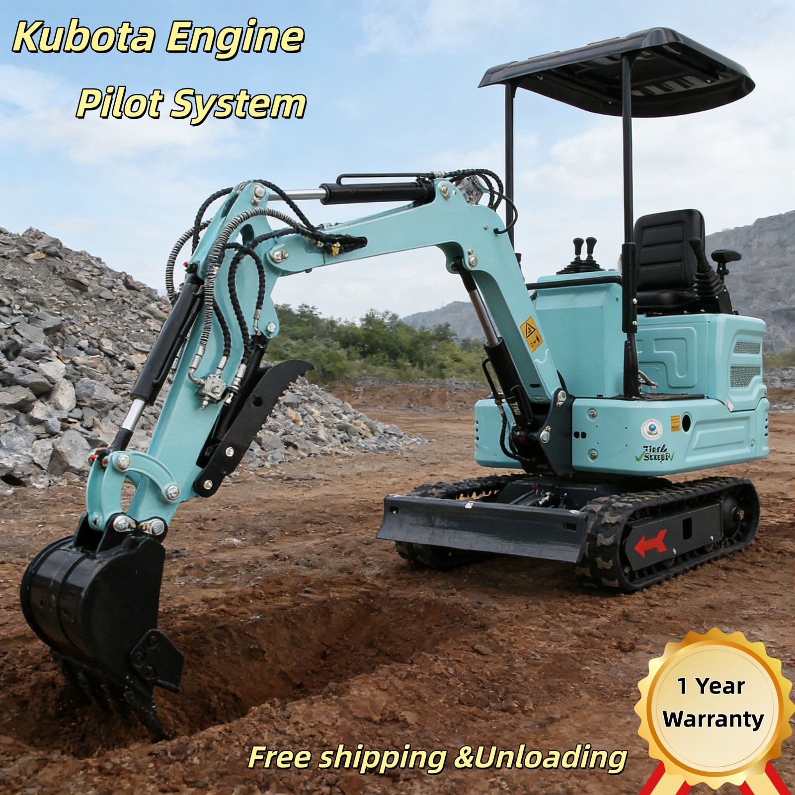 1.4Ton Mini Excavator with Kubota Diesel Engine Pilot System Hydraulic USA Stock
