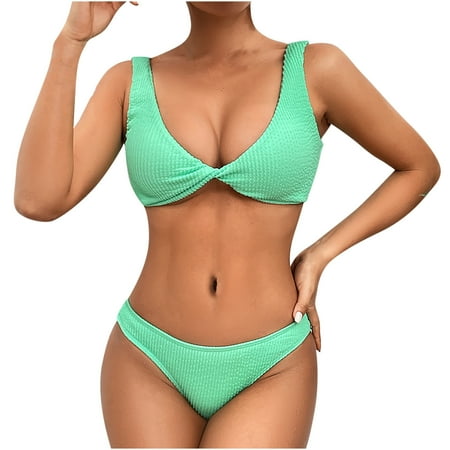 UTSJKR Ribbed Twisted Front Bikini Set for Women V Neck Mid Rise Two Piece Swimsuit Cheeky Bathing Suit Green S