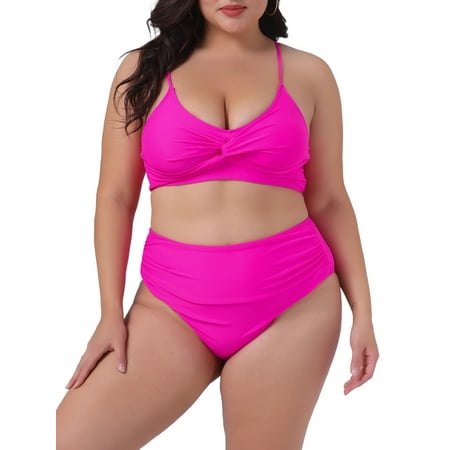 Agnes Orinda Women’s Plus Size 2 Piece Swimsuit Adjustable Spaghetti Straps High Waisted Bathing Suit Tummy Control Bikini Set 1X Hot Pink