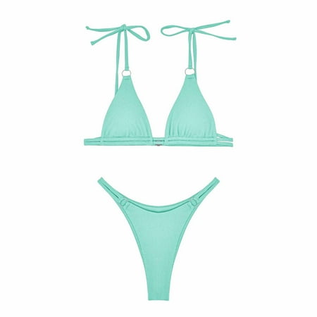UTSJKR Thong Bikini Sets for Women – String Micro Bikinis Flattering 2 Piece Swimsuit Halter Triangle Brazilian Bathing Suit Sky Blue S