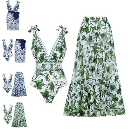 Vevri Swimsuit Matching Skirt V-Neck One Piece Set, Vevri Swimsuit with Skirt, Women’s Two Piece Swimsuits