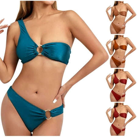 UTSJKR Women’s One Shoulder Bikini Twisted Ruched High Cut Bandeau Bikini Set Two Piece Swimsuit O-Ring Cutout Bikini Sets Blue 8-10