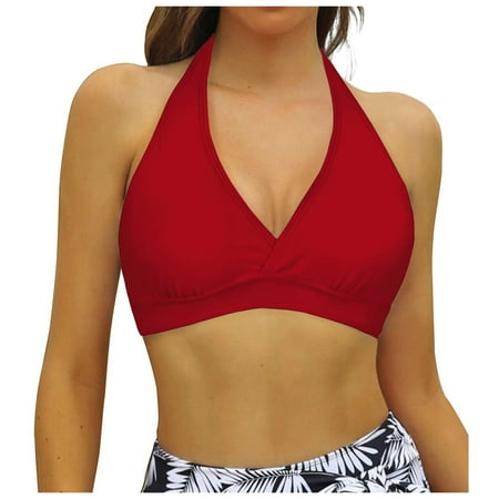 Quealent Women Lace Up Swimwear Tops Underwire Full Coverage Bikini Top Push Up Swim Crop Top Tie Back Bathing Suit Tops Junior Swimsuit (Red,S)