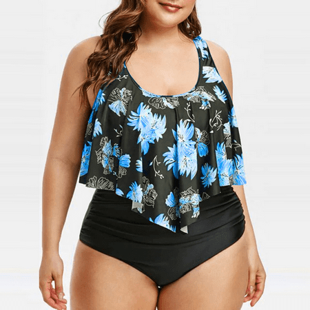 Scacto Fashion Women’s Plus Size Swimsuit Ruffled Overlay High Waist Tankini Tummy Control Bathing Suits Halter Bikini L to 5XL