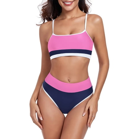 Ocean Blues Women’s Bikini Set 2-Piece Swimsuit Set Criss Cross Back Scoop Neck Color Block Sport Bikinis Tummy Control High Waisted Two Piece Bathing Suits