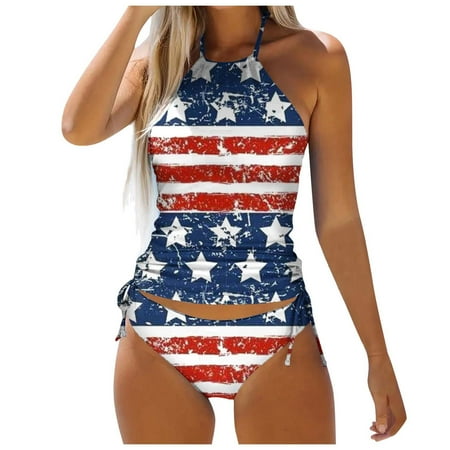 Bjutir Women Independence Day Swimsuit Usa Flag Print Patriotic Plus Size Ruched Swimwear Summer Halter Neck Mid Waisted Two Piece Swimsuits Beach Vacation Women Tankini Set Sky Blue Xl