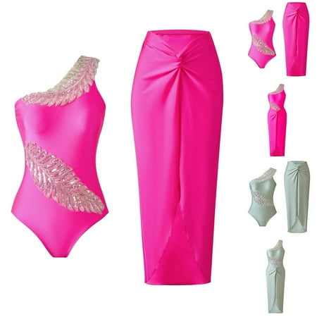 UTSJKR One Shoulder Leaf Sequin Embroidery One Piece Swimsuit and Sarong One Piece Bikini Set with Cover Up Skirt Green S