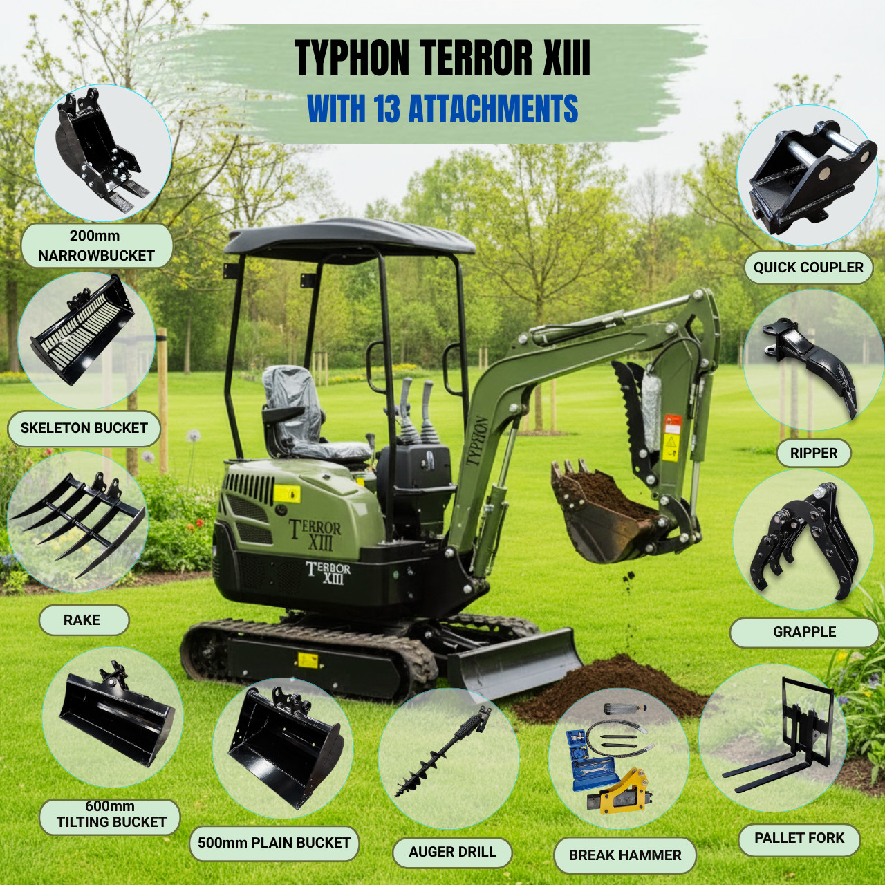 Free Ship TYPHON Terror XIII 1.3 Ton Mini Excavator 13 Attachments Forklift Rake