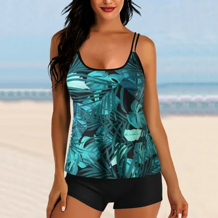 Dihao Tankini Swimsuit for Women Clearance Plus Size Women 2024 Conservative Print Strappy Back Set Two Piece Tank Tops Print Swimsuits Swimdress Conservative Bathing Suit on Promotion