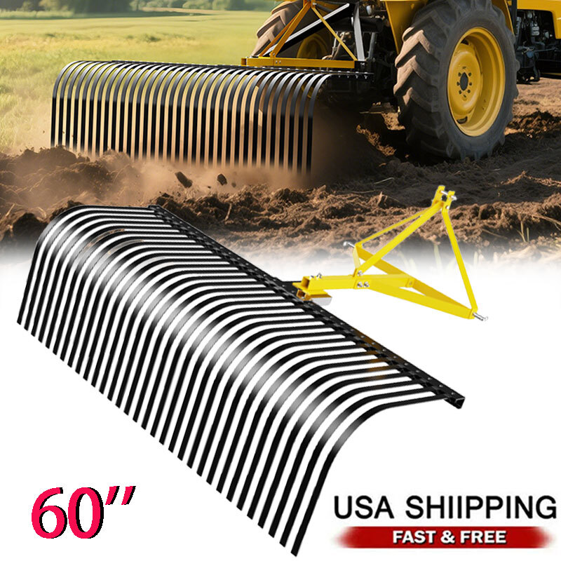 3 Pt Rock Rake 60” Landscape Soil Gravel Lawn for Cat 1 Campact Tractor Heavy
