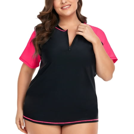 TIYOMI Women’s Plus Size Swimsuit Zip Tops 3X Black Pink Raglan Rash Guard Shirts Short Sleeve Surfing Swim Shirts 3XL 22W 24W