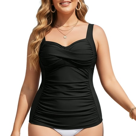RELLECIGA Women’s Tankini Top Plus Size Swimsuit for Women V Neck Twisted Tummy Control Ruched Bathing Suits