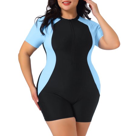 Agnes Orinda Women’s Plus Size One Piece Swimsuits Contrast Colors Tummy Zipper Crew Neck Short Sleeve Beach Swimwear 3X Light Blue