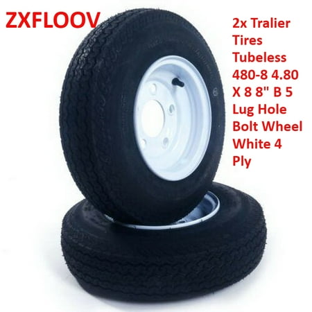 Premium 2-Pack Tubeless Trailer Tires 4.80-8 | 8-Inch, Load Range B, 5 Lug White Wheels | Durable 4 Ply Construction for Trailers