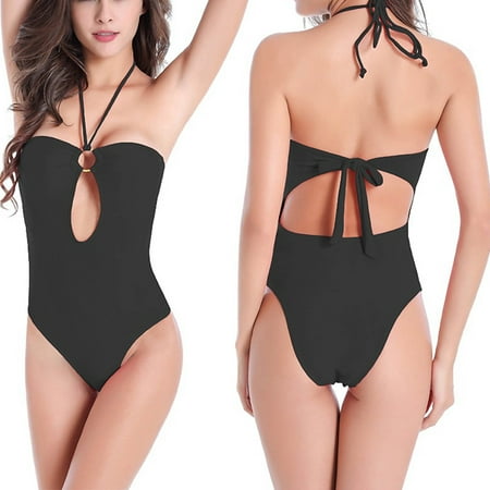 Buigttklop Swimsuit for Women 2025 Plus Size,Women’S Solid Color Hanging Neck Swimsuit Sports Bikini Swimsuit High Hip Swimsuit