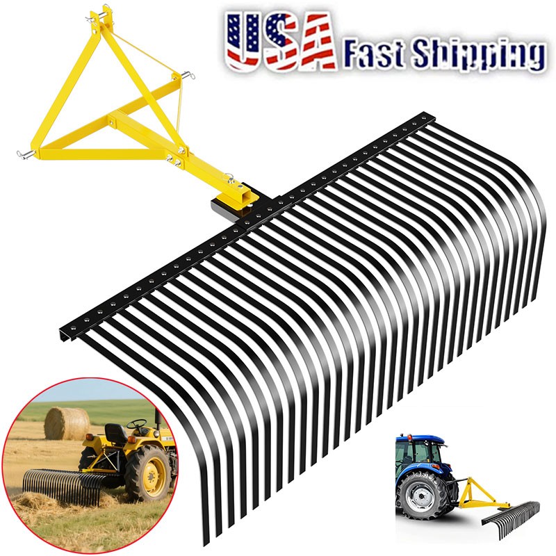 3 Point 60” Landscape Rock Rake for Cat 1 Tractor Attachment Soil Gravel Lawn