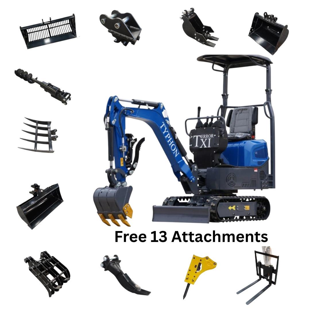 13 Attachments Bundle TERROR XI Mini Excavator Digger 13.5hp Gas B&S EPA Engine