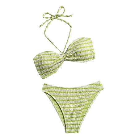 Buigttklop Swimsuits for Women Plus Size 2025,Ladies’ Sexy Neck Hanging Bikini Split Fashion Striped Printed Beach Swimsuit Set