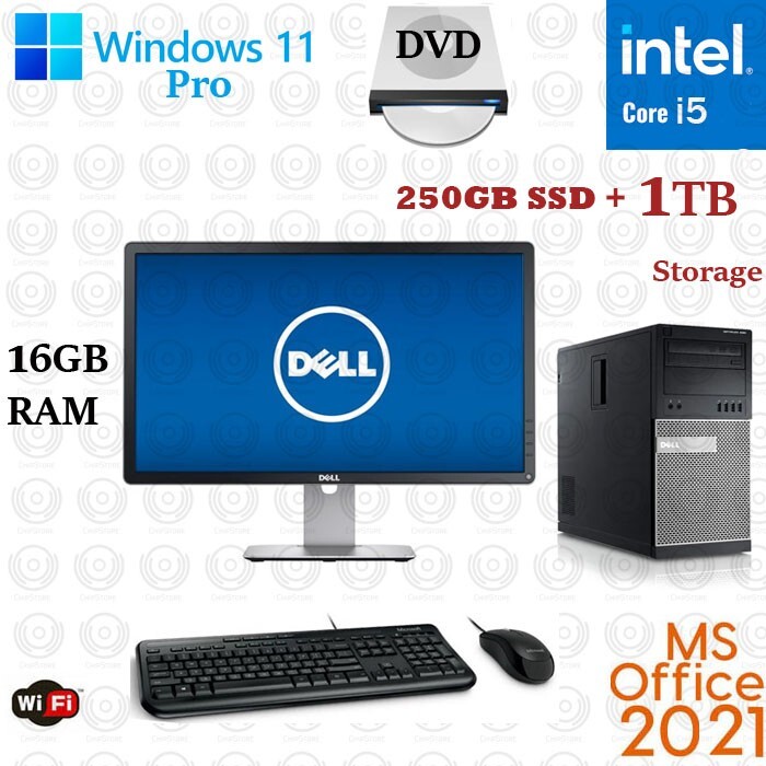Windows 11 Dell i5 16GB 250+1TB HDD 22″ LCD WiFi Desktop Computer PC Office 2021