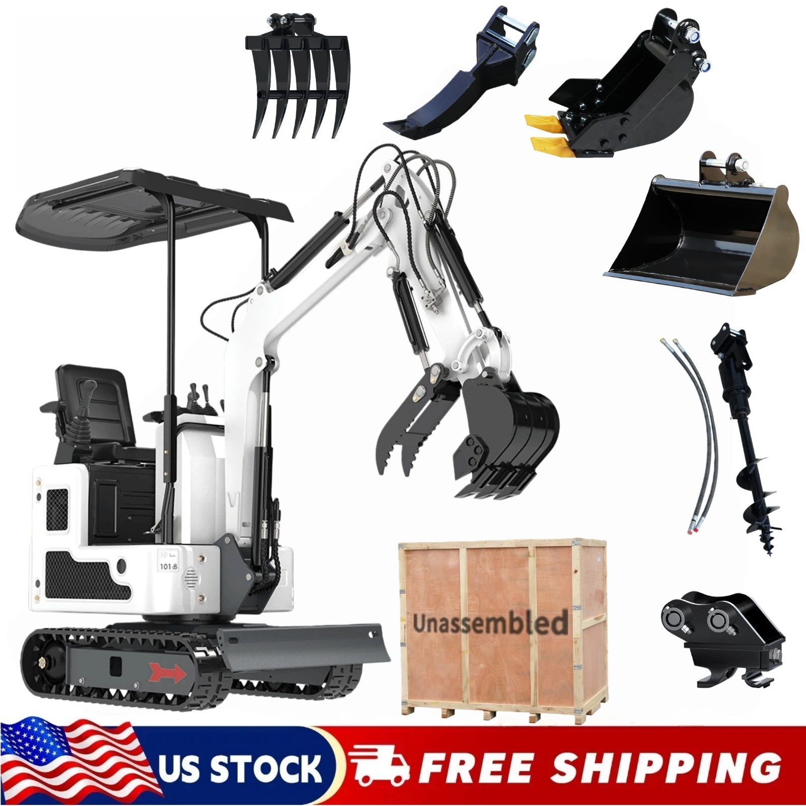 1T Mini Excavator Hydraulic Thumb B&S Gas Tracked Digger With 6 attachments