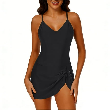 Tsesme One Piece Swimdress for Women V-Neck Halter Swim Dress Slimming Side Drawstring Skirted Bathing Suits