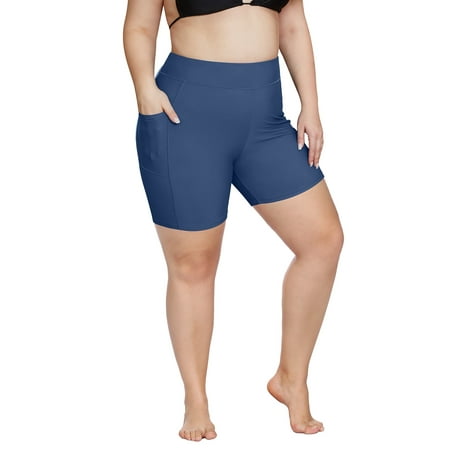 Charmo Plus Size High-Waist Swim Shorts for Womens Boardshort Bike Sport Swim Bottoms Bikini Shorts with Pockets